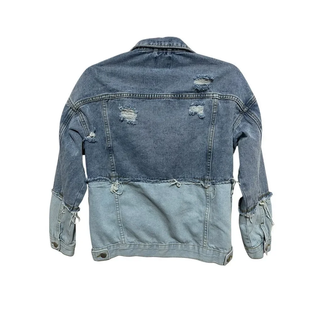 Boohoo‎ Two-Tone Distressed Denim Jacket Ripped Raw Hem Grunge Y2k Size 6